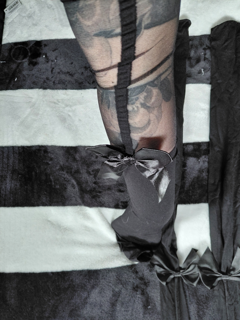 Sheer Black Thigh-High Stockings with Satin Bows - Women's Lingerie